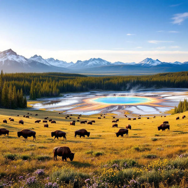 Large Geothermal Hot Pot surrounded by Grazing Bison, Yellowstone National Park - Magnet